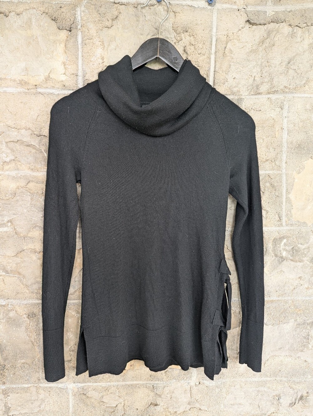 100% Merino Wool Extra Fine Adrienne Vittadini Black Cowl Neck Side-Tie Sweater